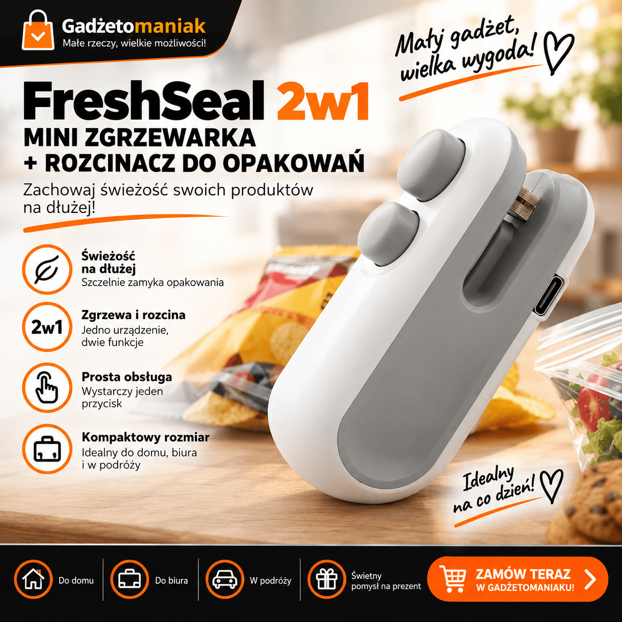 FreshSeal 2w1 – Mini Zgrzewarka i Rozcinacz do Opakowań
